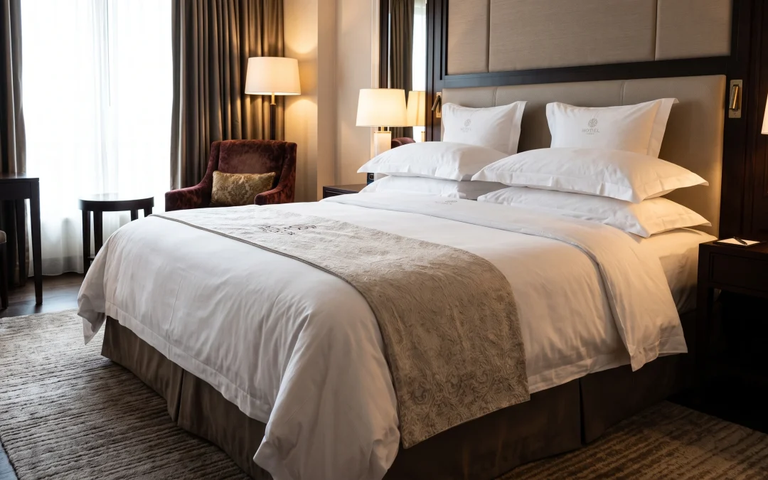 Cama de hotel con duvet blanco, funda de duvet y plumón hotelero