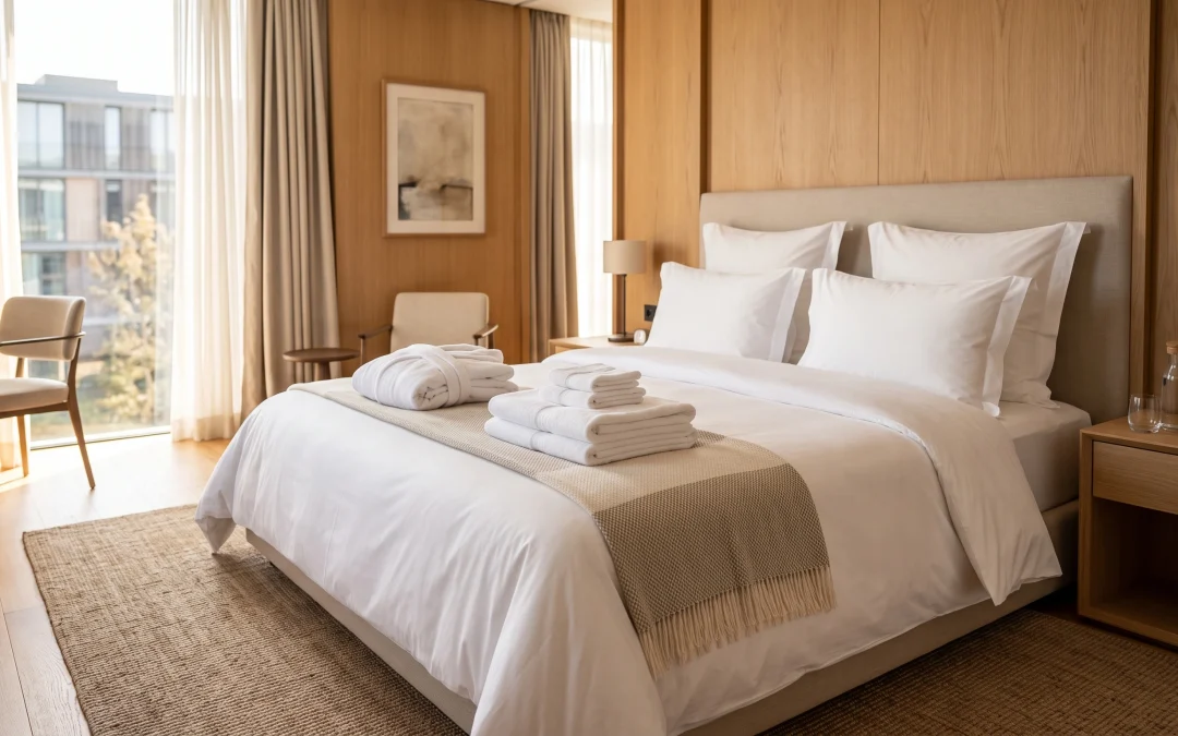 Habitación de hotel con dotación hotelera completa: sábanas, duvet, almohadas, toallas y bata de baño blancas